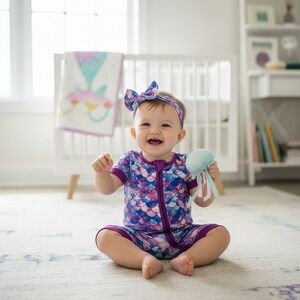 NWT Bamboo Mermaid Scale Print Baby Romper Set Purple Blue Zipper One Piece